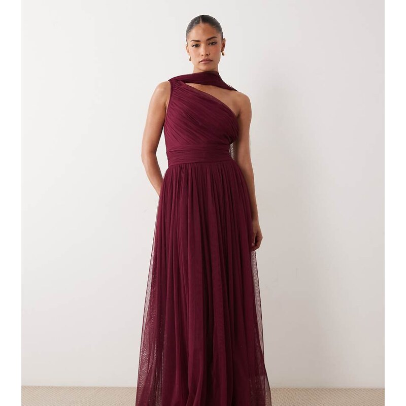 Lace & Beads Petite Bridesmaid one shoulder scarf neck maxi