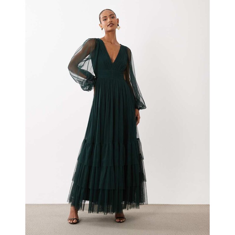 Lace & Beads Bridesmaid sheer mesh sleeve plunge neck tiered