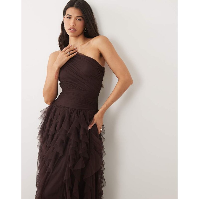 Lace & Beads Bridesmaid one shoulder waterfall ruffle maxi dress