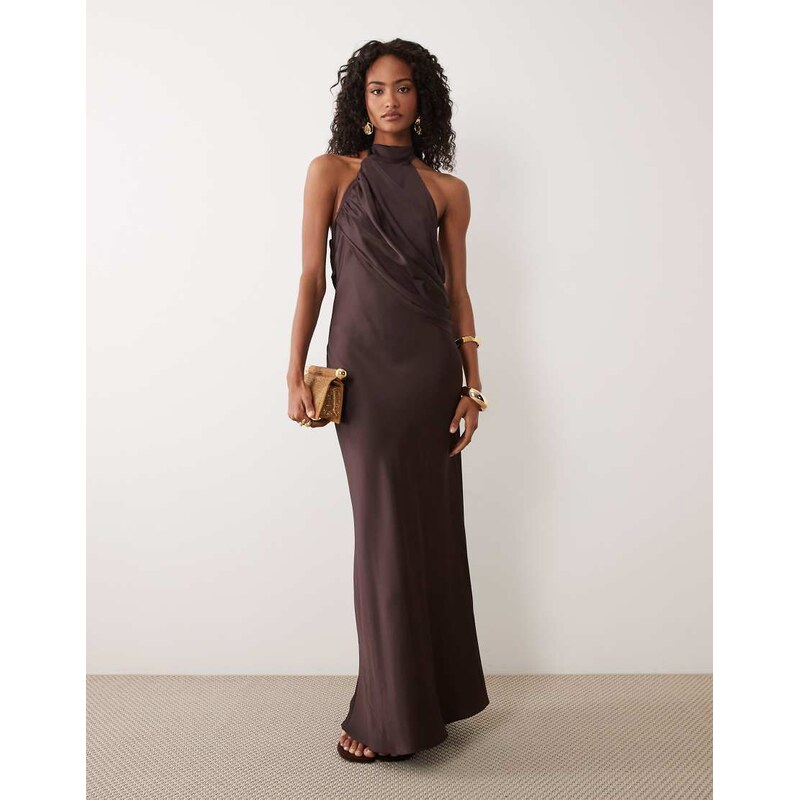 Forever New high neck drape maxi dress in chocolate-Brown