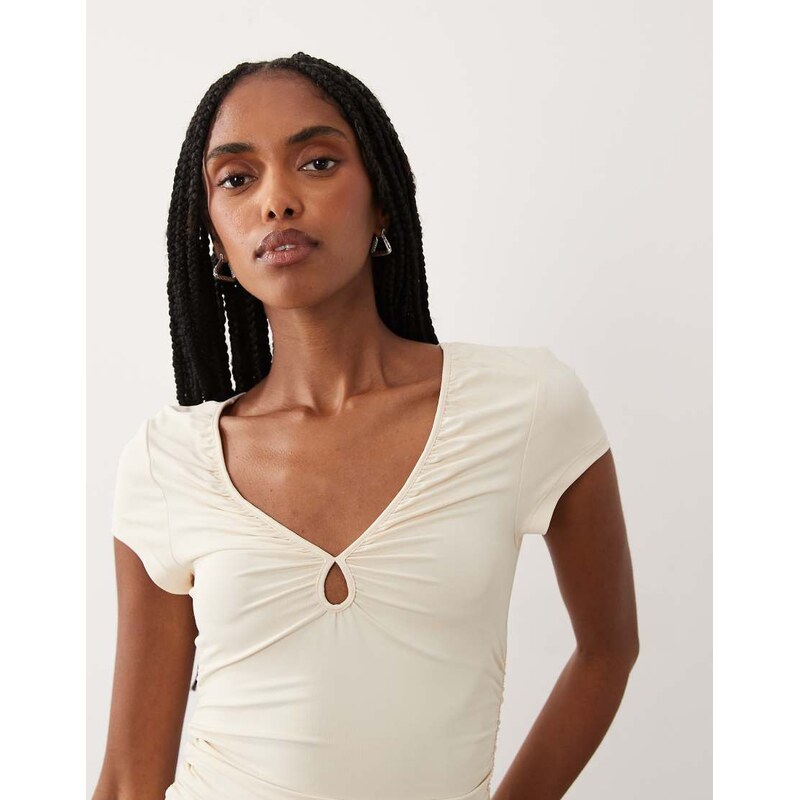 Supre Luxe Abigail short sleeve v neck top in soft ecru-Neutral