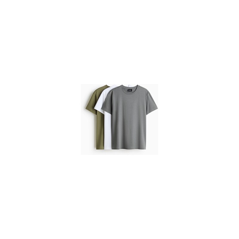 H&M - Tričko Slim Fit 3 kusy - Khaki Zelená/Bílá/Šedá