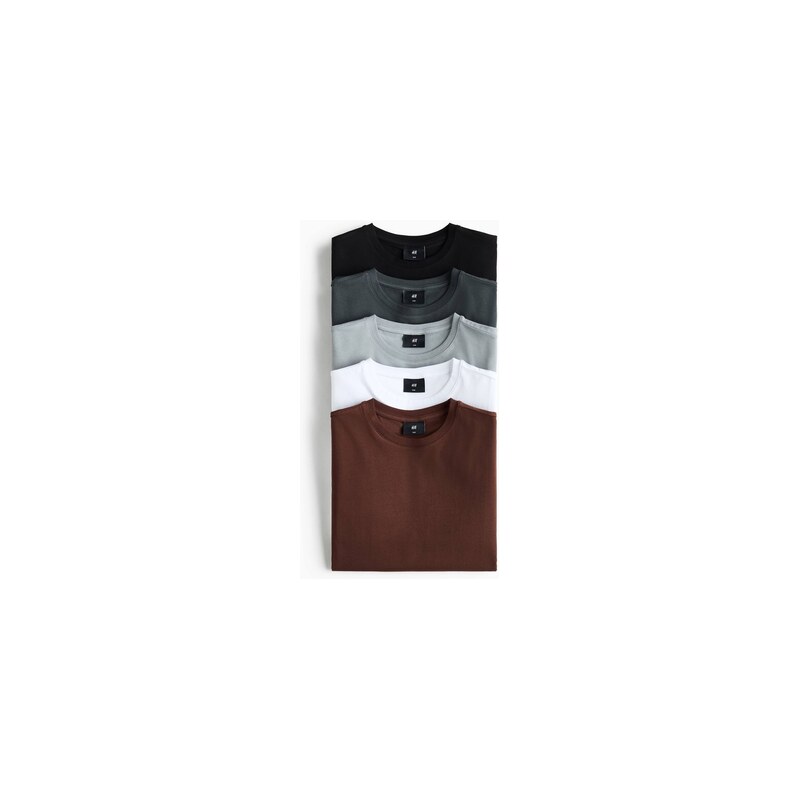 H&M - Tričko Slim Fit 5 kusů - Hnědá/Šedá