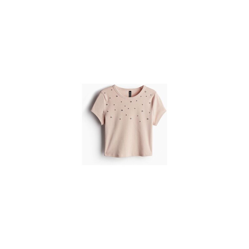 H&M - Zdobené tričko cropped - Světle Růžová