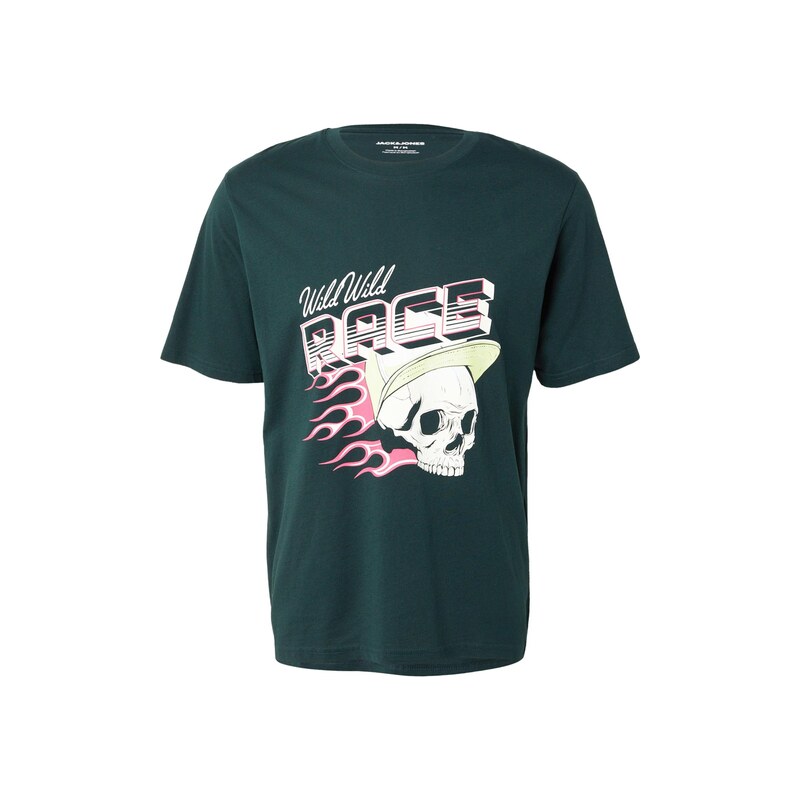 JACK & JONES Tričko JJTRACK SKULL smaragdová / světle růžová /