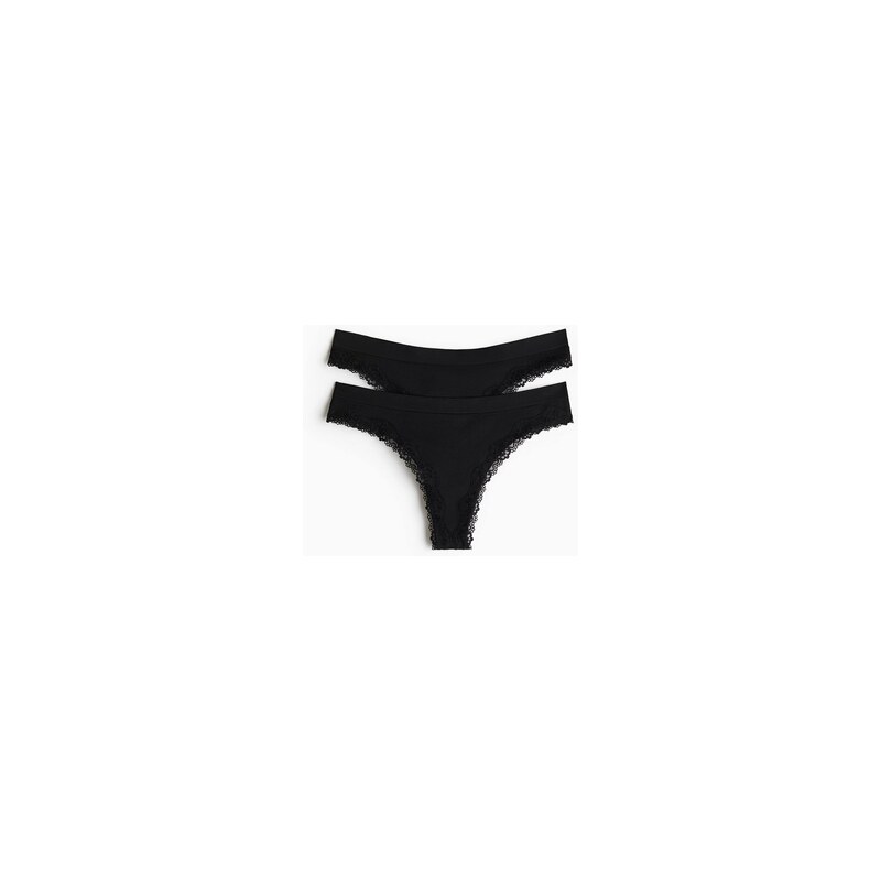 H&M - Bezešvé kalhotky thongs krajkovými lemy 2 kusy - Černá