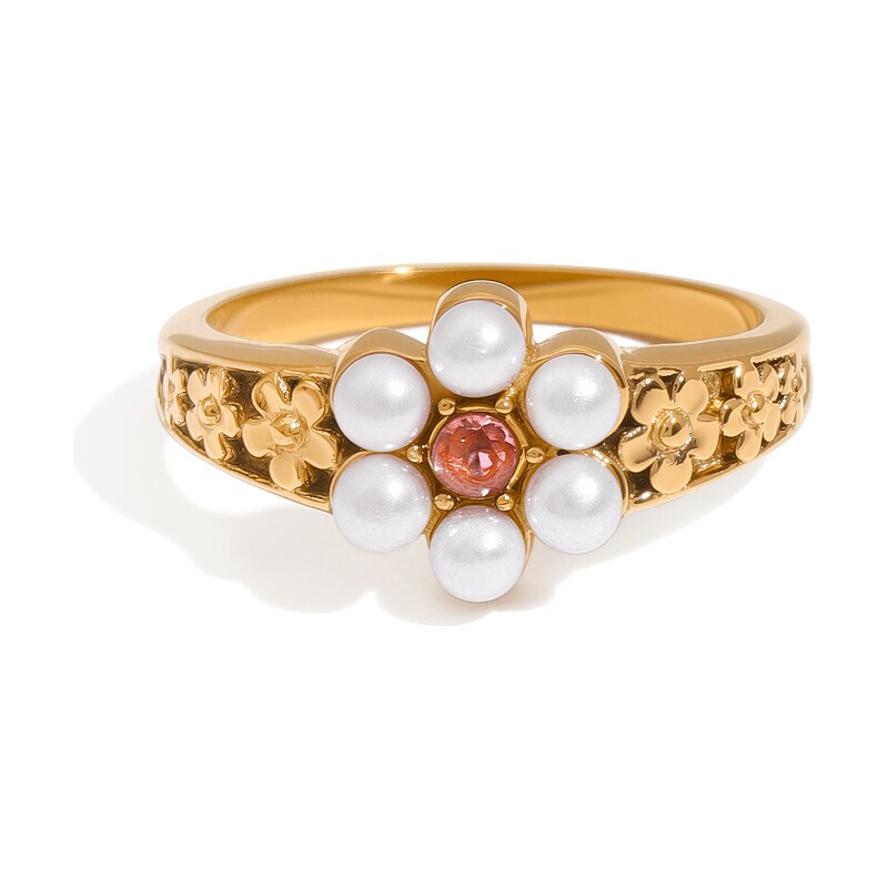 ELENYS Flower Pearl – pozlacený prsten 18K žluté zlato
