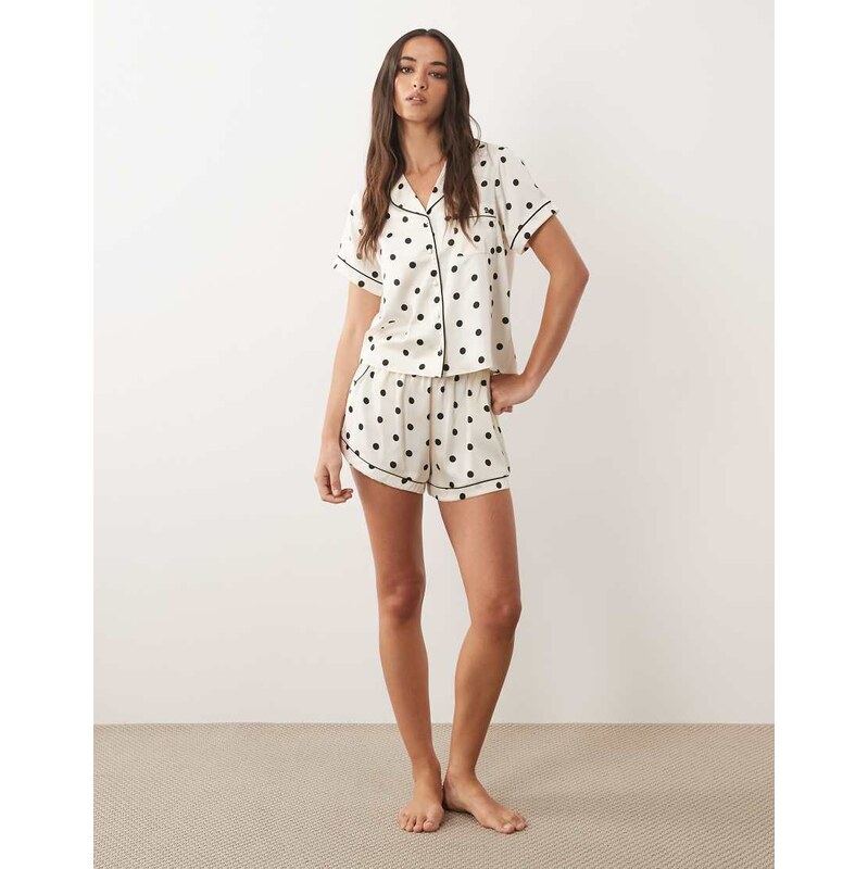 Boux Avenue spot satin short sleeve revere pyjama set in white