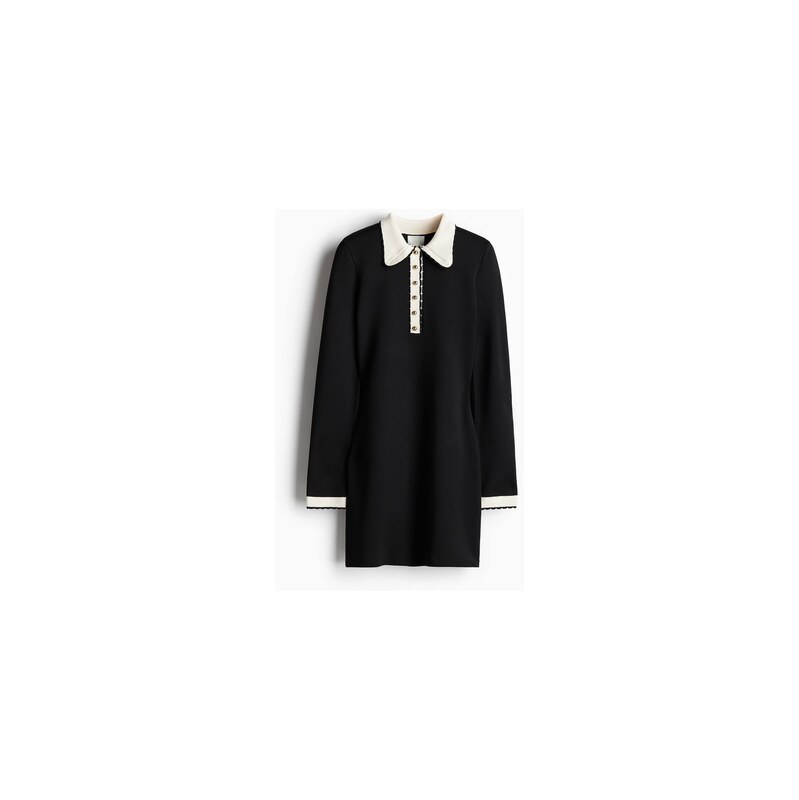 H&M - Pletené šatys límcem - Černá/Krémová