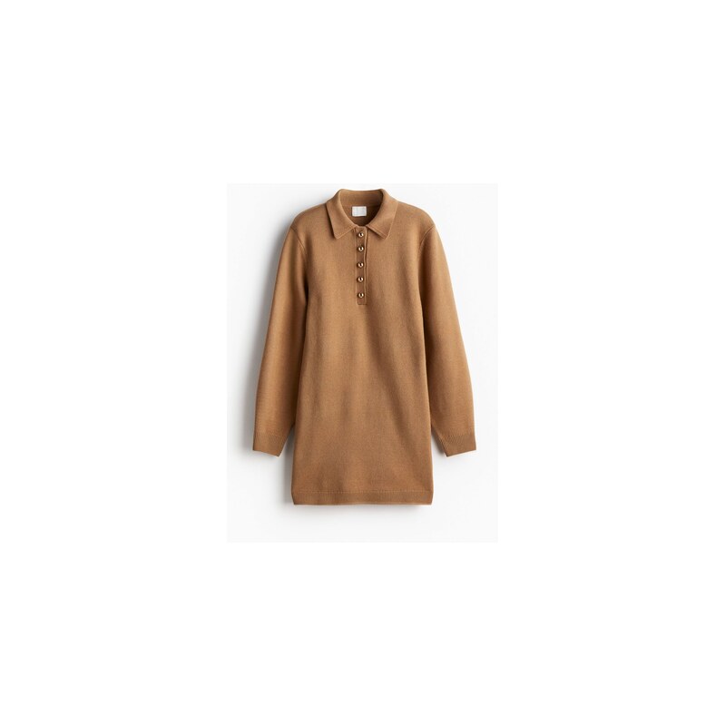 H&M - Šaty z jemného úpletu, s límečkem - Tmavě Béžová