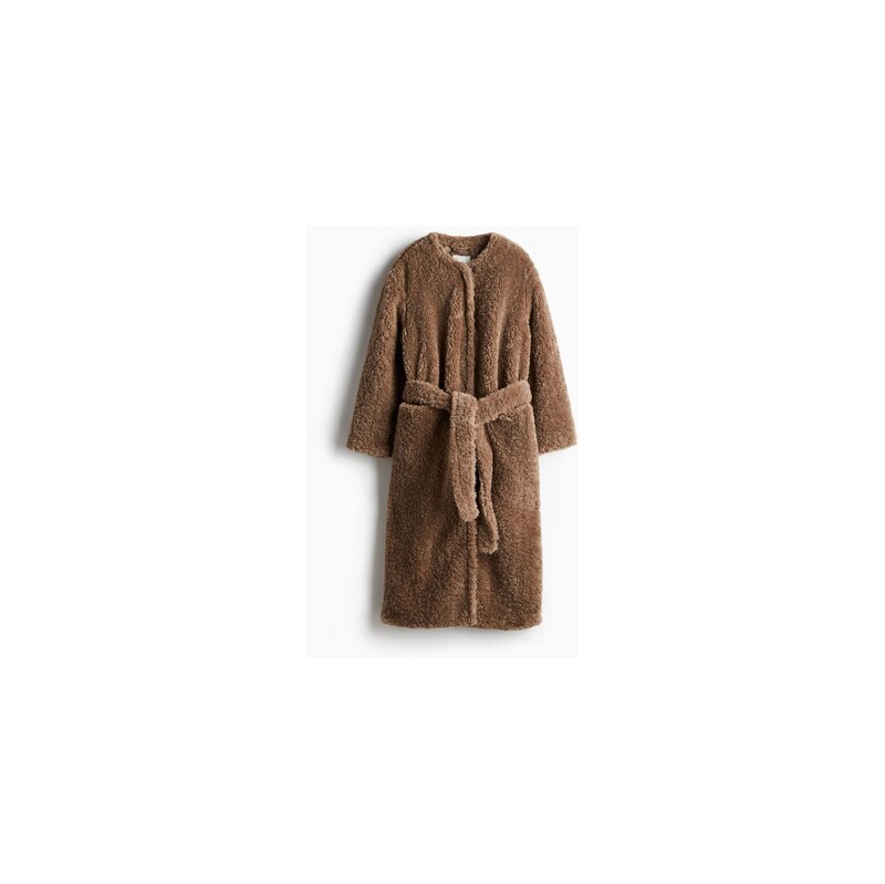H&M - Huňatý kabáts vázacím páskem - Hnědošedá