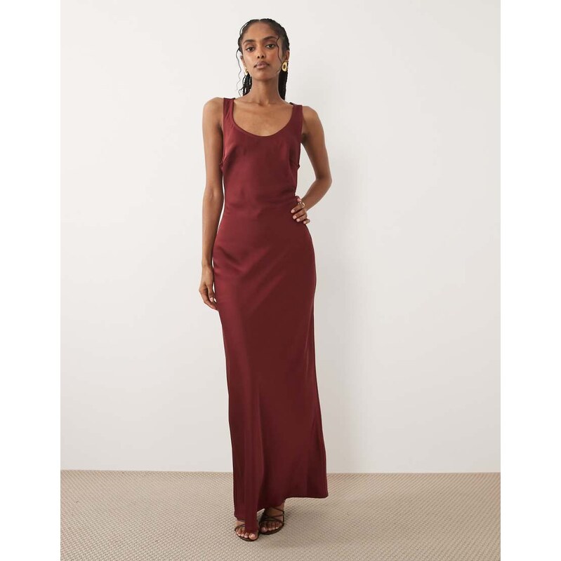 Pretty Lavish Breya satin scoop neck maxi slip dress in burgundy