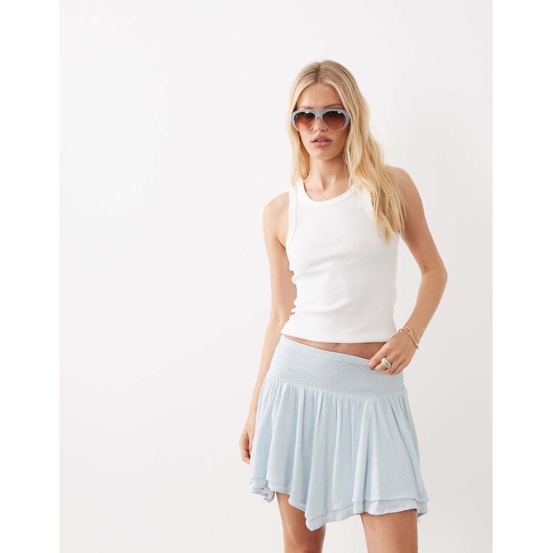 Miss Selfridge shirred waist hanky hem mini skirt in blue