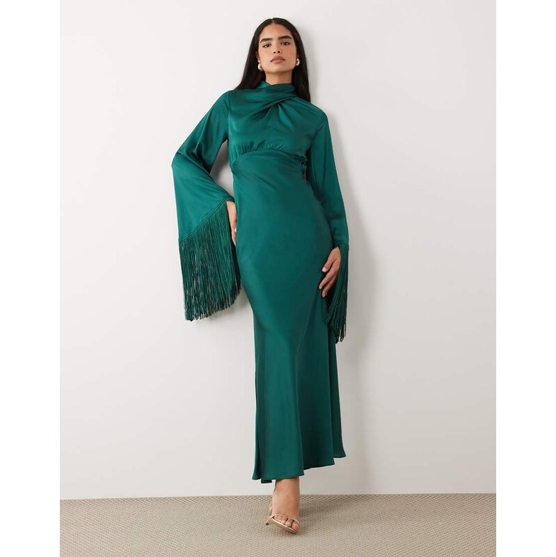 ASOS DESIGN draped neck satin bias maxi dress with fringe sleeve
