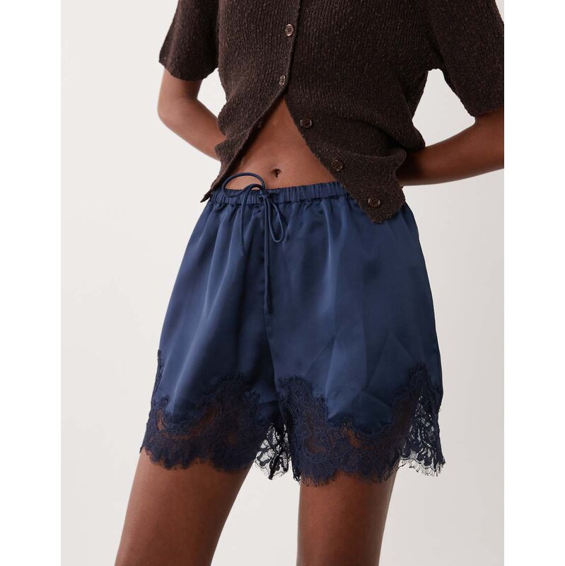 ASOS DESIGN satin lace trim drawstring waist short in navy