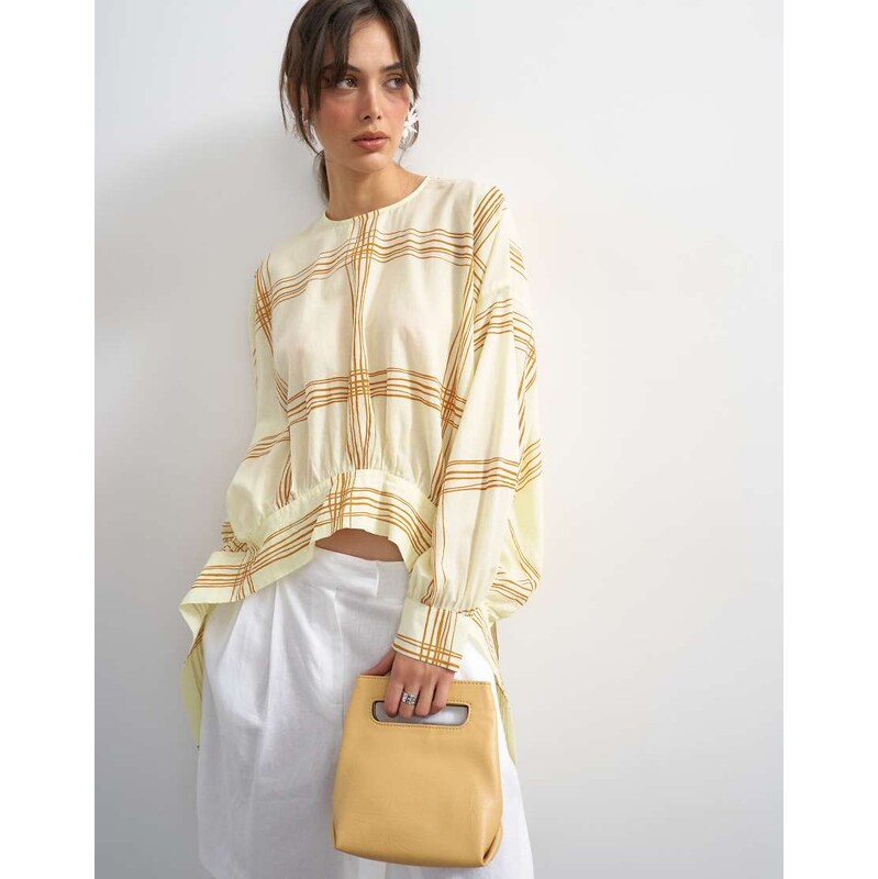 Topshop curved hem blouse in mustard check-Yellow