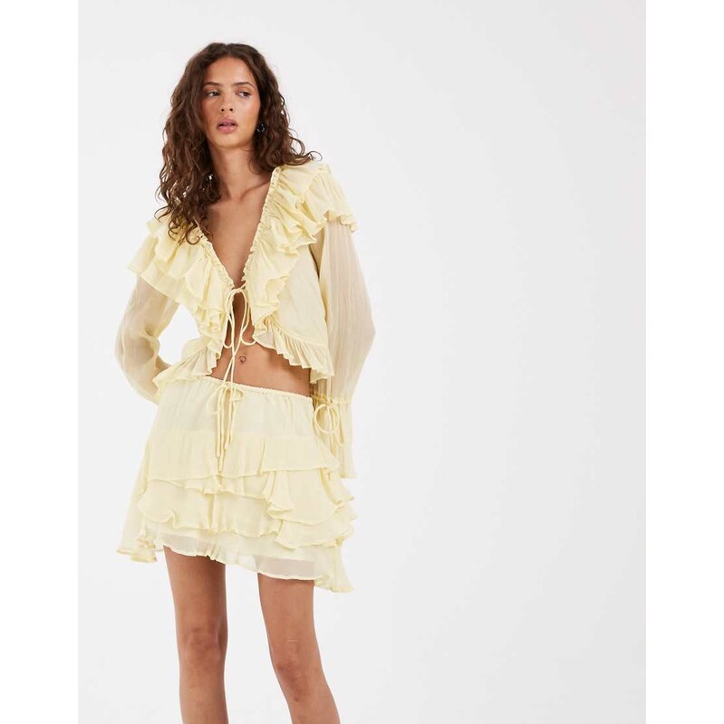 Muse Assembly Ivy ruffle tie front blouse co-ord-Yellow