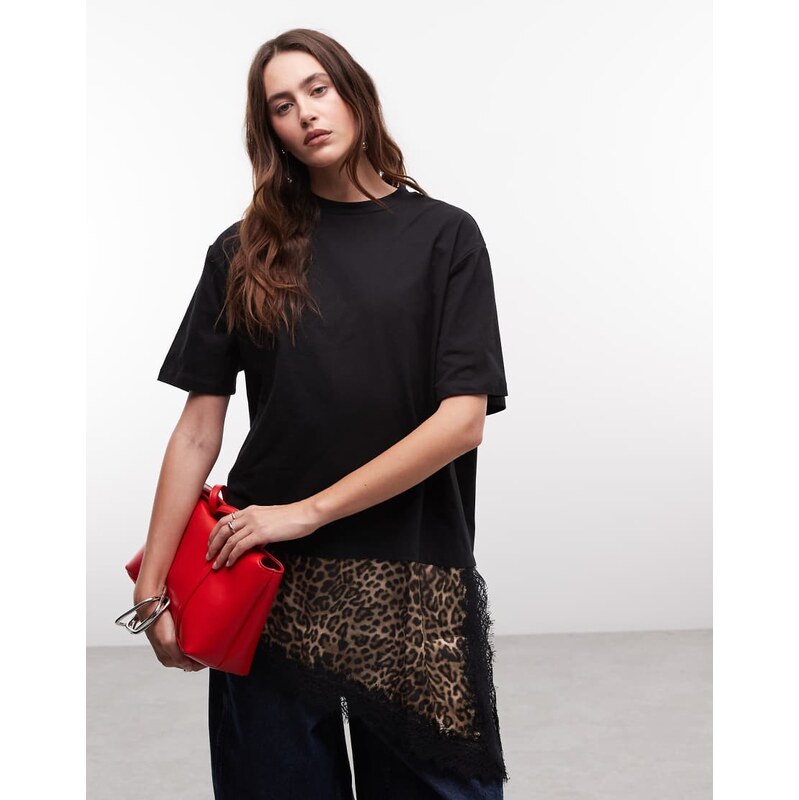 Noisy May oversized t-shirt with asymm satin lace hem underlay