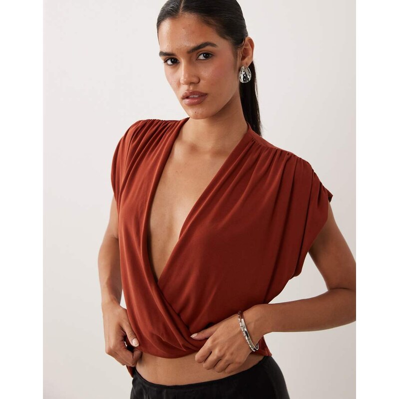 ASOS DESIGN soft touch asymmetric drape plunge neck top in rust