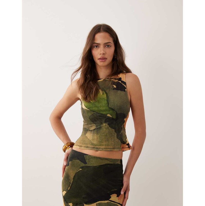ASOS DESIGN co-ord mesh slash neck tank top in khaki abstract