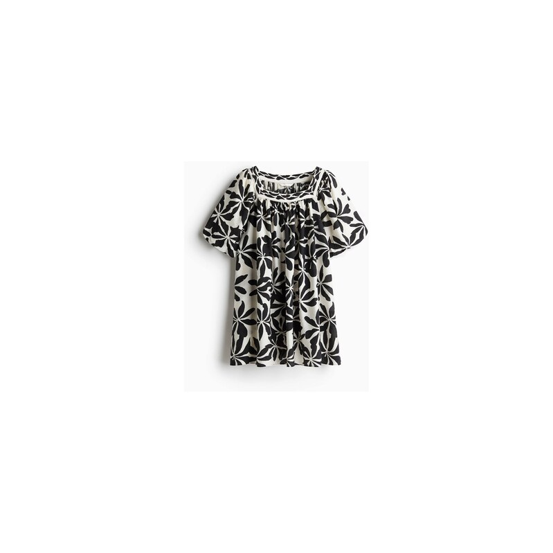 H&M - Tunikové šatys balonovým rukávem - Bílá/Černé Květy