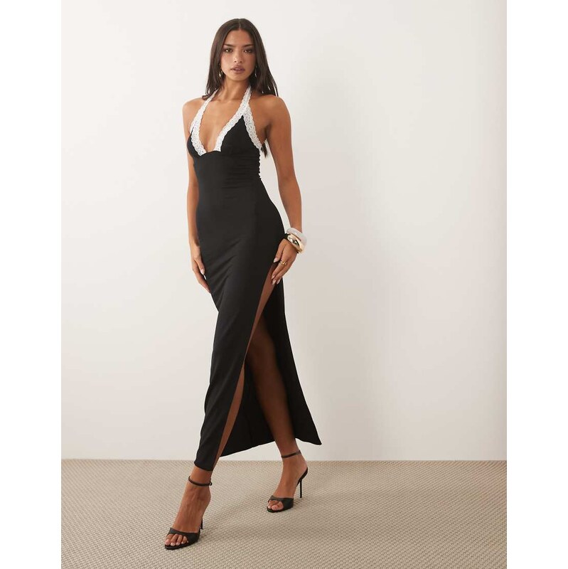 Oh Polly modal plunge halter neck lace trim detail thigh high