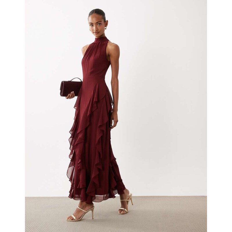 Lace & Beads high neck backless ruffle maxi dress in burgundy