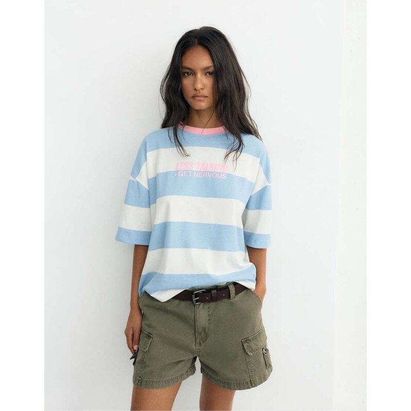 Pull&Bear Oversize striped graphic t-shirt in pale blue