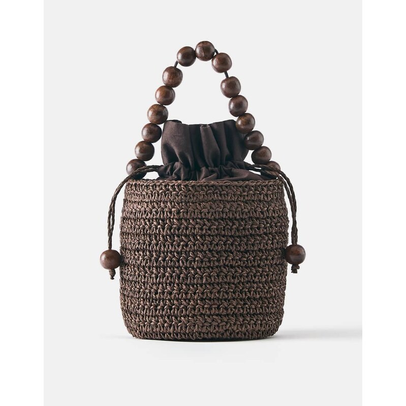 Pull&Bear Beaded mini bucket bag in brown