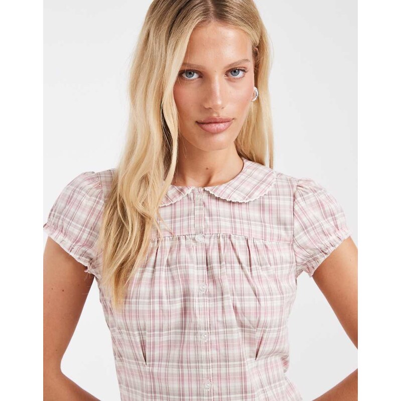 Hollister short sleeve babydoll shirt in light brown plaid