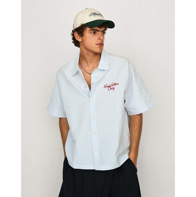 Bershka Boxy embroidered short sleeve shirt in light blue