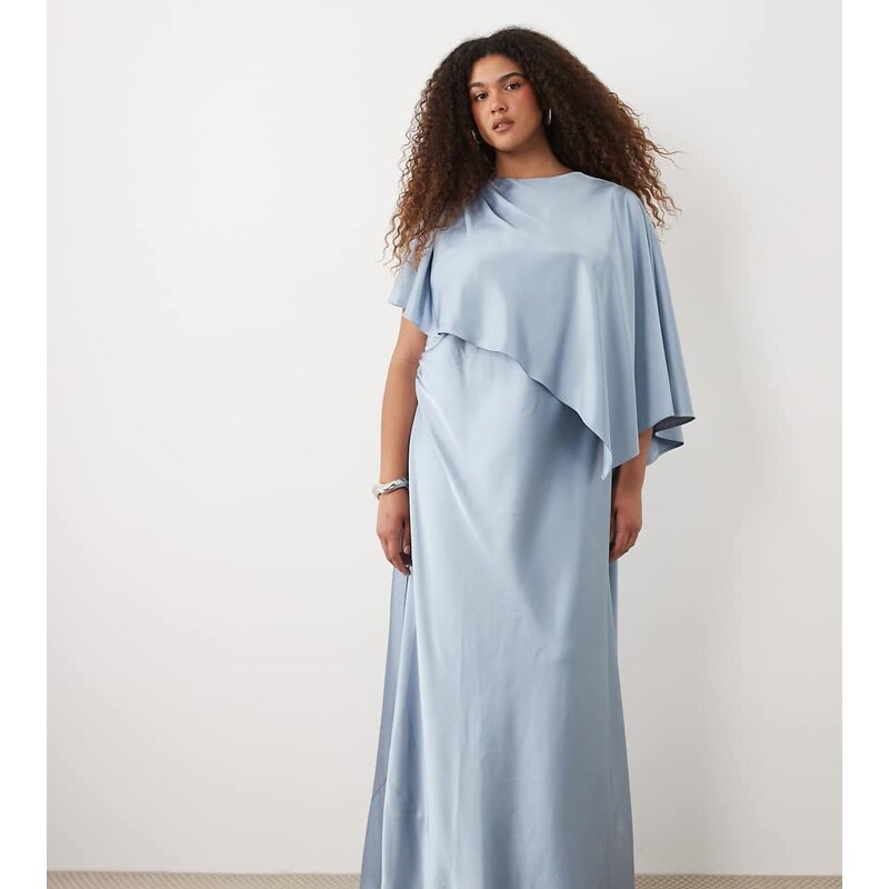 Forever New Curve asymmetric cape maxi dress in dusky blue