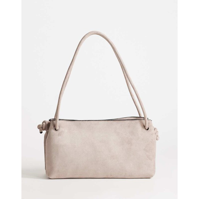 Topshop Schelby suedette medium flat bowler in taupe-White