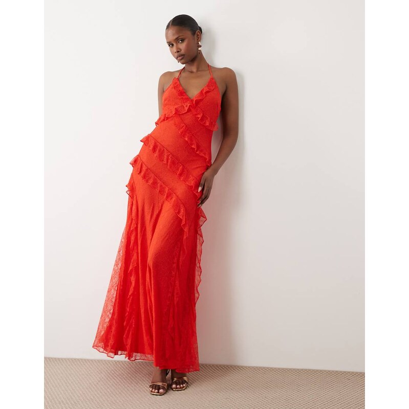 Forever New halter neck lace ruffle maxi dress in red