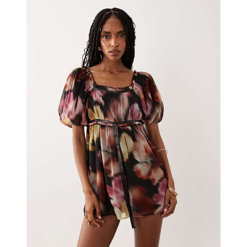 Miss Selfridge chiffon ribbon milkmaid playsuit in blurred