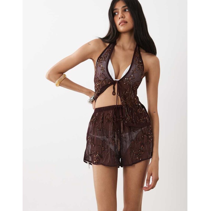 Miss Selfridge beach premium embellished short co-ord in