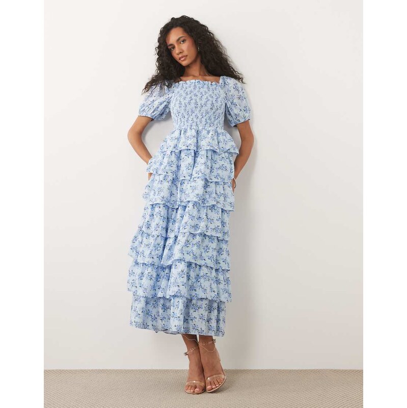 YAS ditsy floral puff sleeve ruffle maxi dress in blue