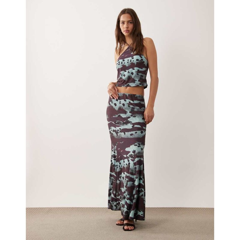 ASOS DESIGN co-ord slinky fishtail maxi skirt in abstract print