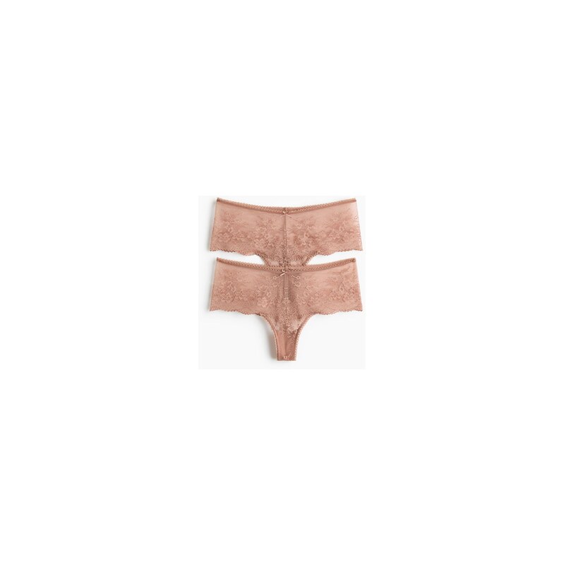 H&M - Krajkové kalhotky thong 2 kusy - Světle Hnědá