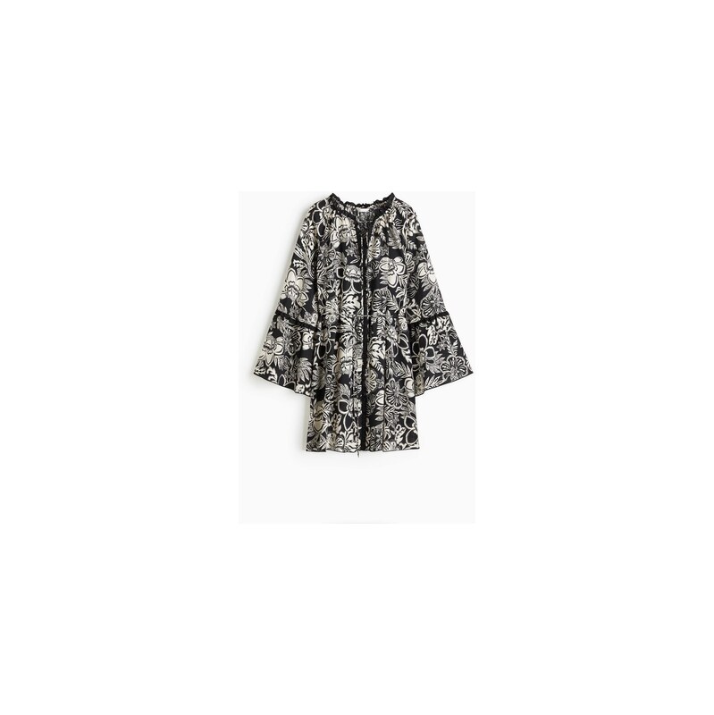 H&M - Tunikové šatys trumpetovým rukávem - Černá/Květy