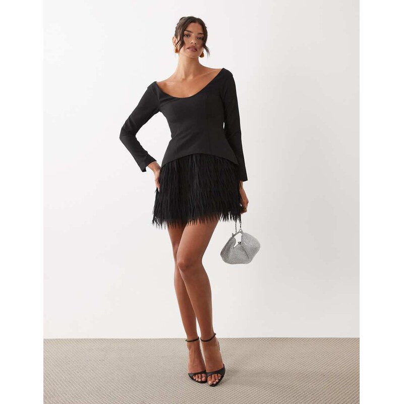 ASOS LUXE structured long sleeve mini dress with fringe skirt in