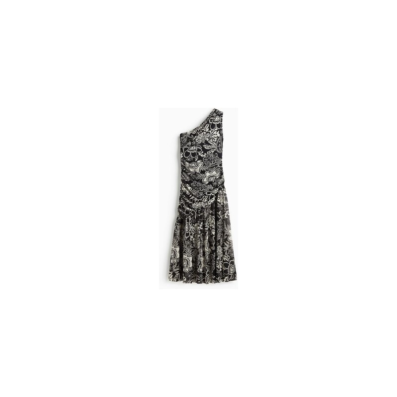 H&M - Řasené šaty odhalující rameno - Černá/Květy