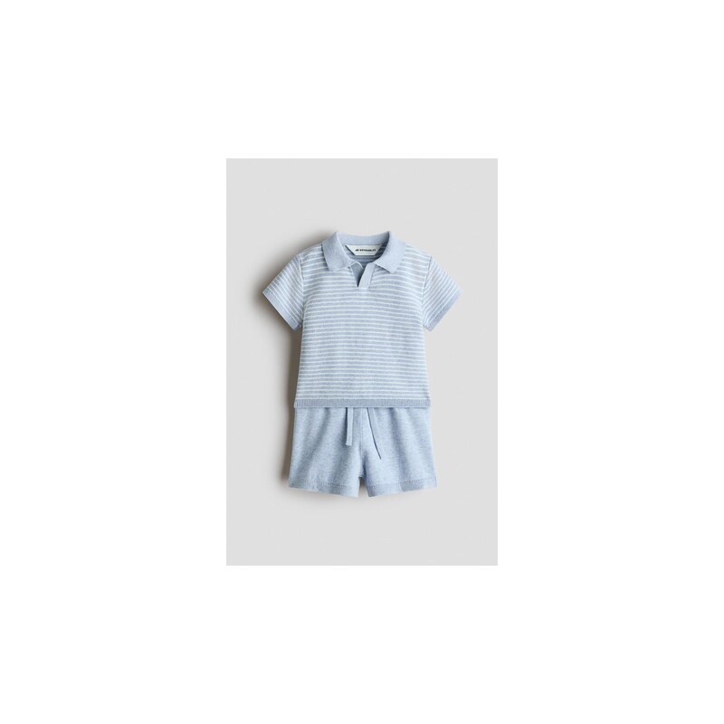 H&M - Dvoudílná souprava z bavlněného úpletu - Bleděmodrá/Bílý