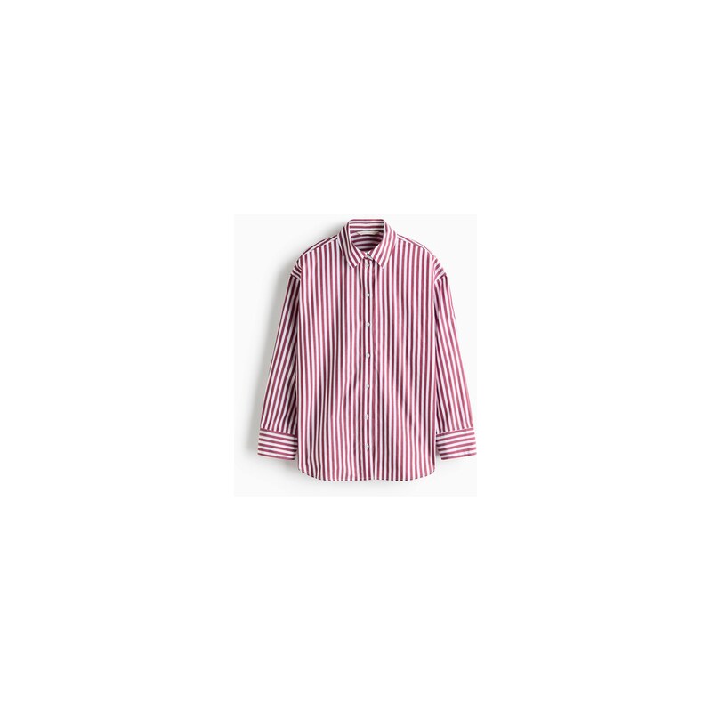 H&M - Oversized popelínová košile - Tmavě Červená/Proužky