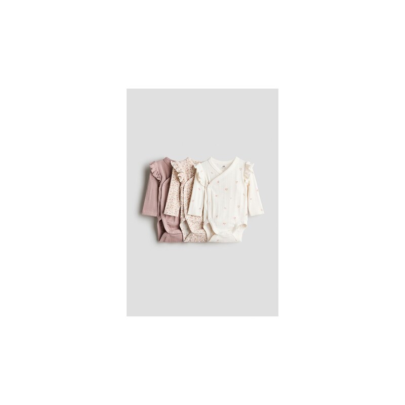 H&M - Ažurové zavinovací body 3 kusy - Tlumená Růžová/Květy