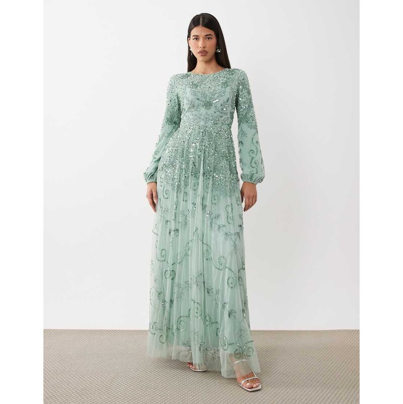 Beauut fully embellished beaded mesh overlay balloon sleeve maxi