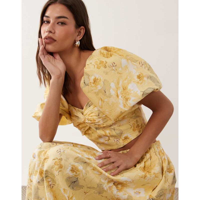 YAS off shoulder volume sleeve crop top co-ord in yellow floral