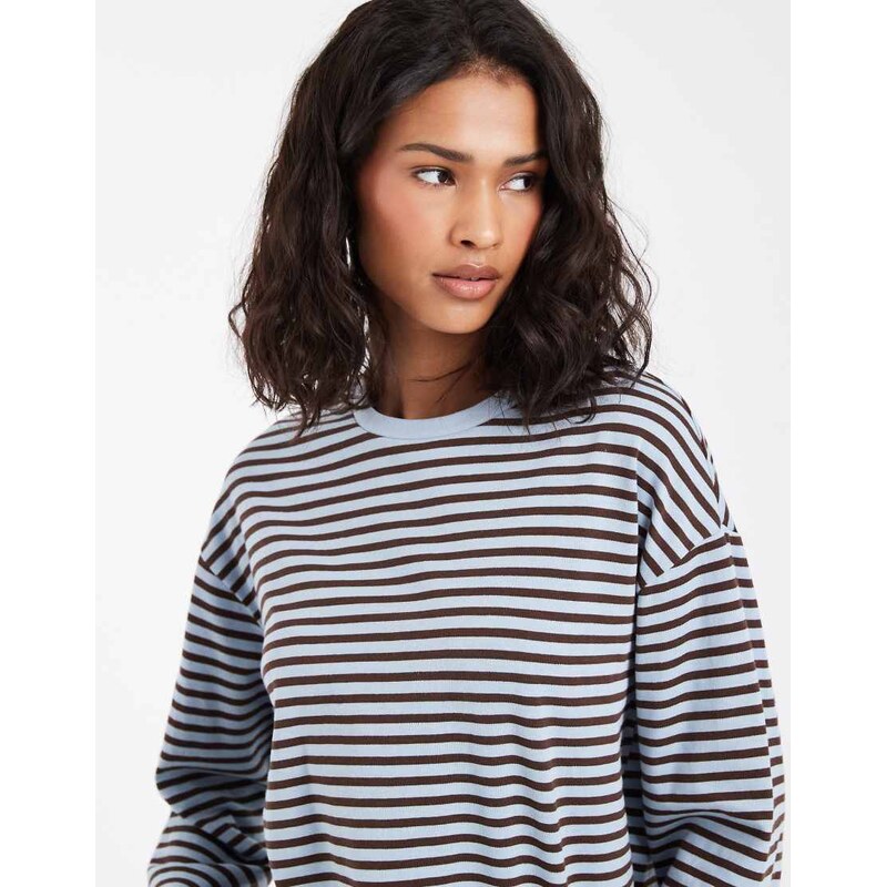 Pieces long sleeve t-shirt in light blue and brown stripe