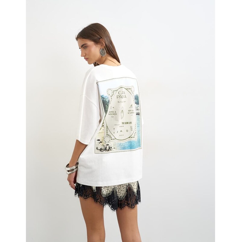 Topshop Casa Palma graphic oversized t-shirt in cream-White