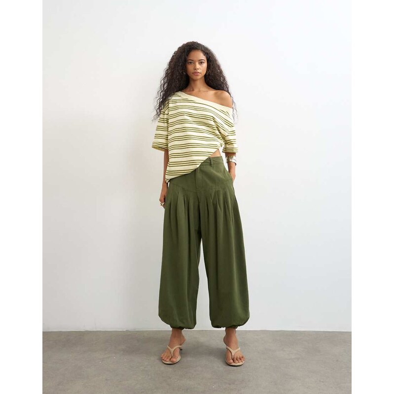 Topshop deep yoke balloon trouser in khaki-Green
